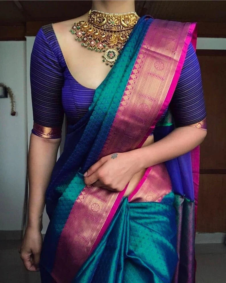 rama green and pink kanchipuram soft silk saree, south indian style, wedding saree, diwali festive wear, traditional ethnic ensemble