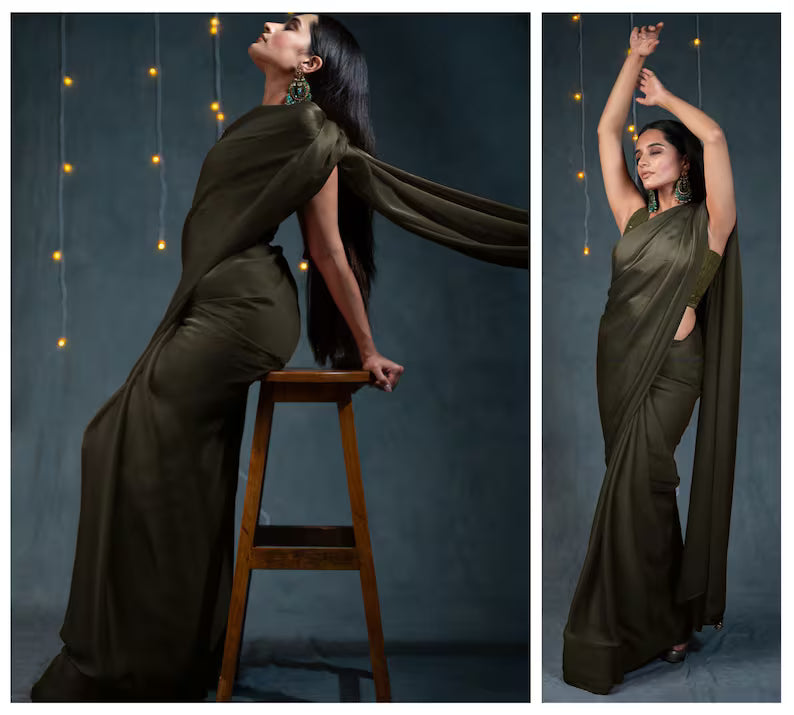 premium brown satin saree, luxurious drape, indian wedding and party silk saree, saree with blouse, ready to wear sari usa, designer saree