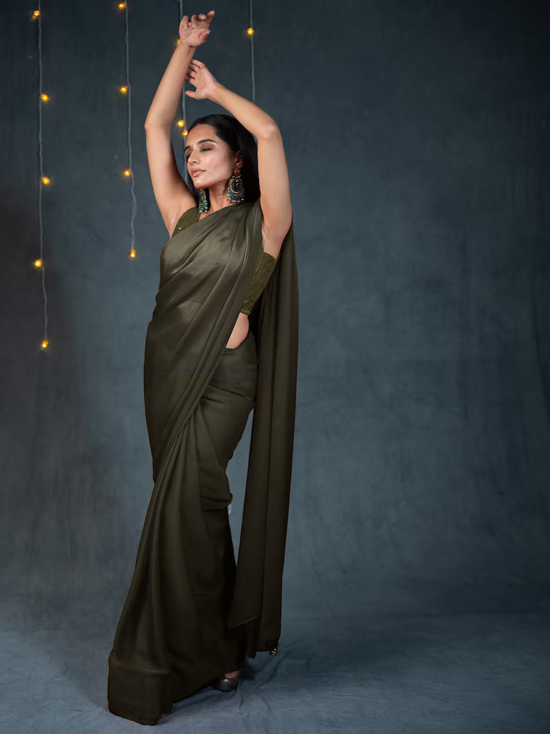 premium brown satin saree, luxurious drape, indian wedding and party silk saree, saree with blouse, ready to wear sari usa, designer saree