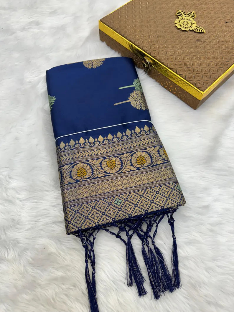 royal navy blue banarasi silk saree with antique gold zari – traditional indian wedding and festive wear