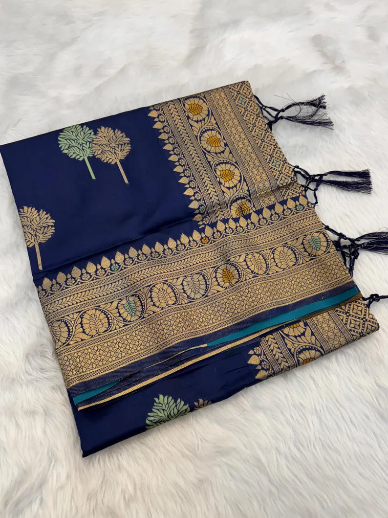 royal navy blue banarasi silk saree with antique gold zari – traditional indian wedding and festive wear