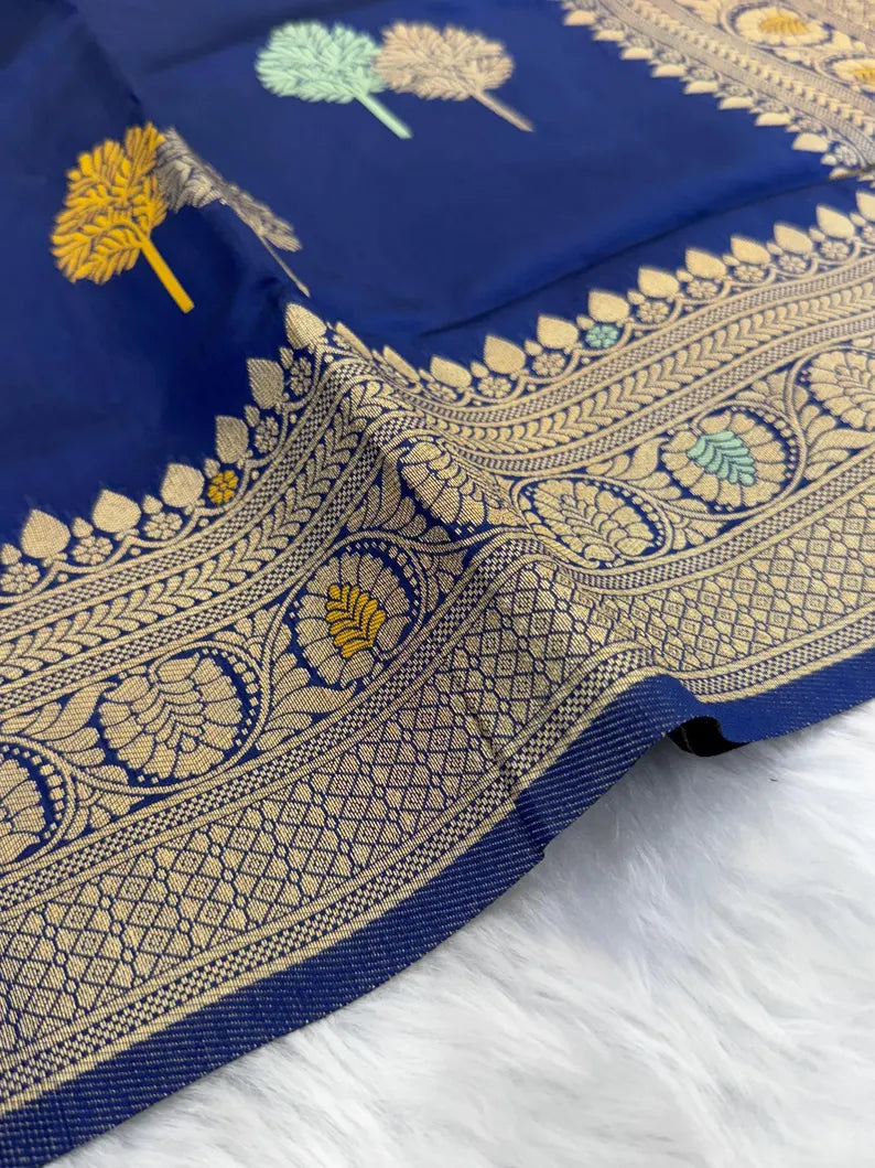royal navy blue banarasi silk saree with antique gold zari – traditional indian wedding and festive wear