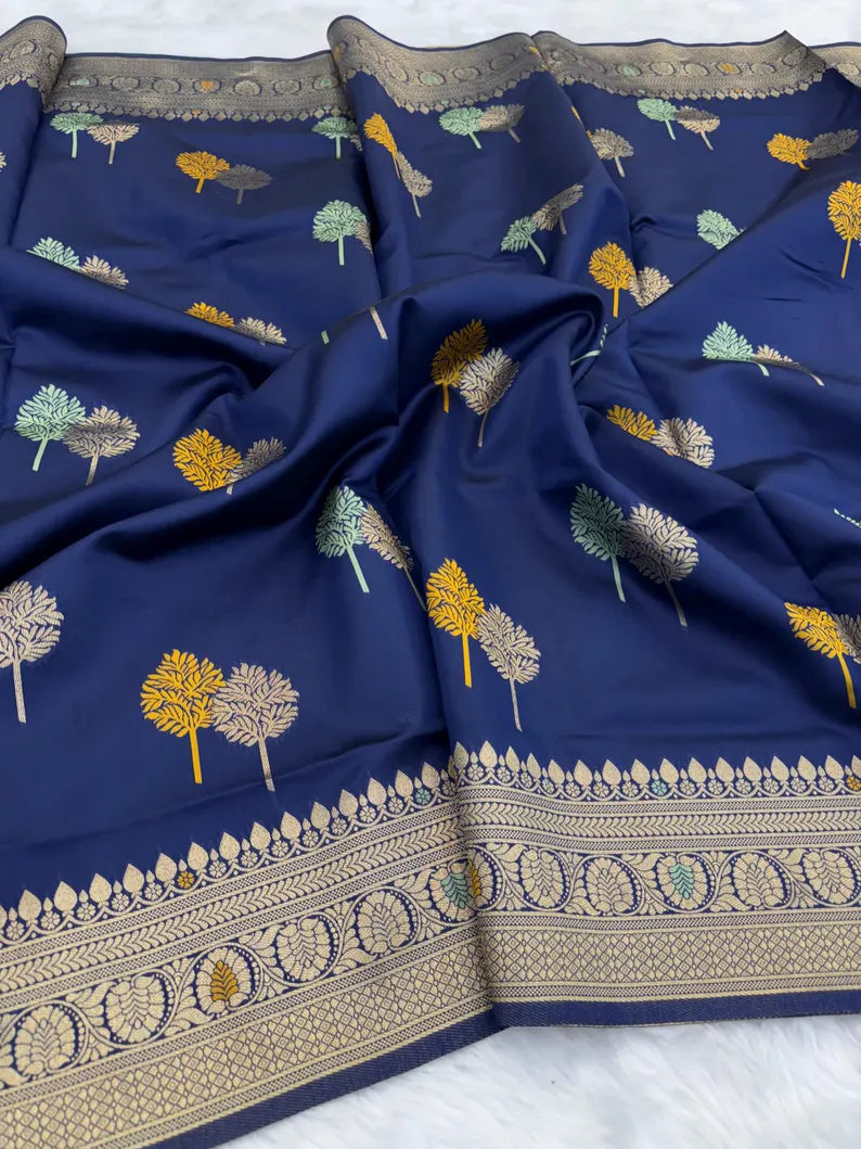 royal navy blue banarasi silk saree with antique gold zari – traditional indian wedding and festive wear