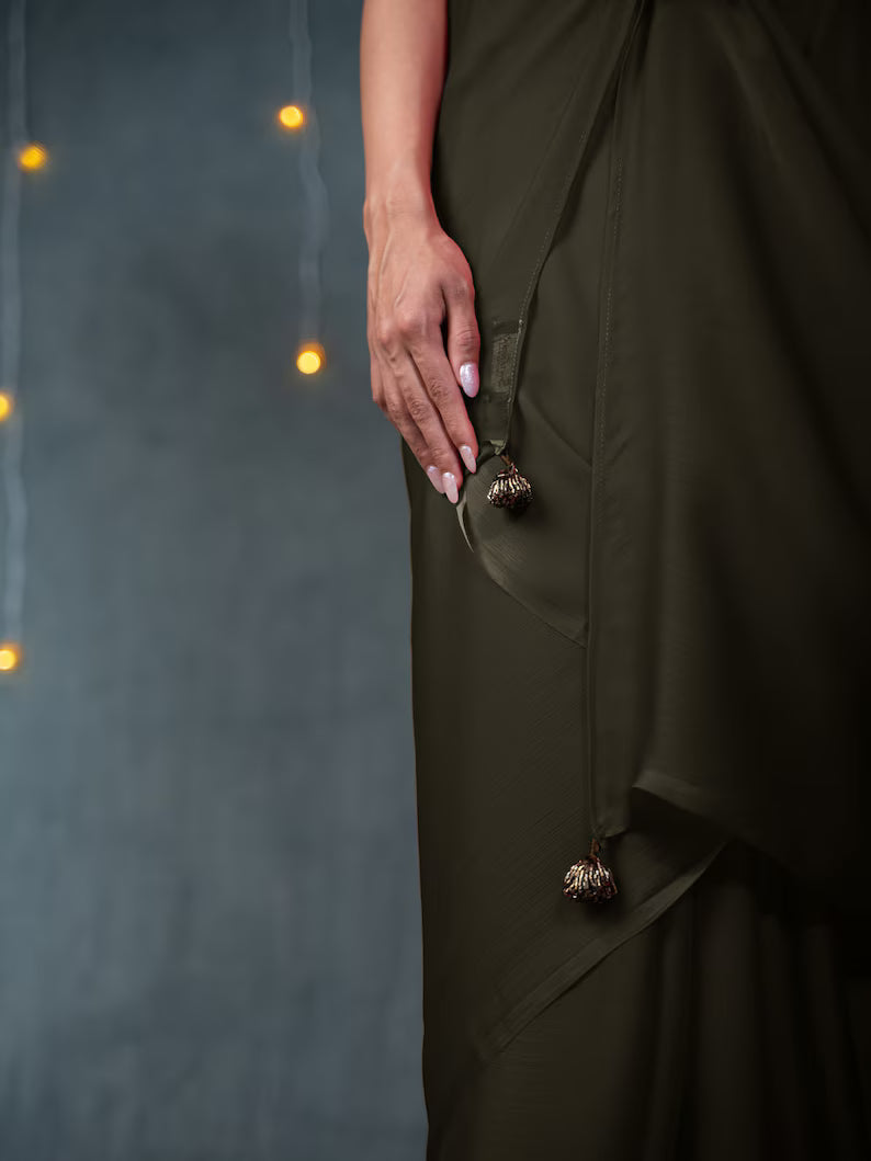 premium brown satin saree, luxurious drape, indian wedding and party silk saree, saree with blouse, ready to wear sari usa, designer saree