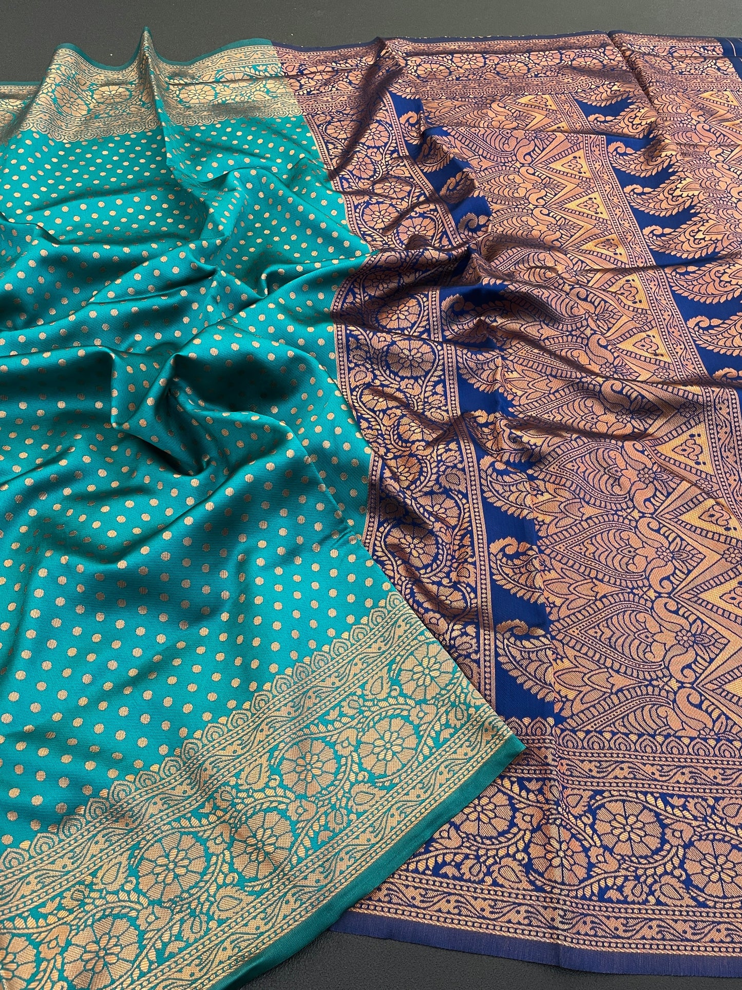 green and navy kanjivaram silk saree with copper zari weaving | traditional south indian wedding saree | soft silk saree with contrast blouse