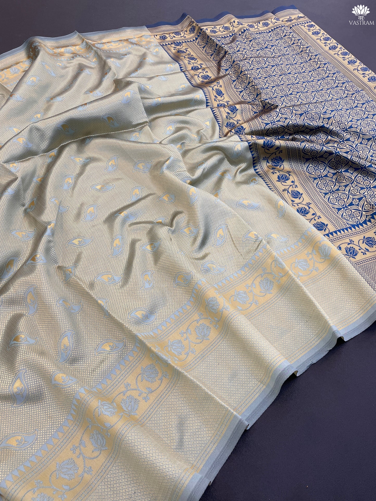 elegant soft pastel kanjivaram saree with dual-tone blue & gold zari weaving | festive & wedding wear saree