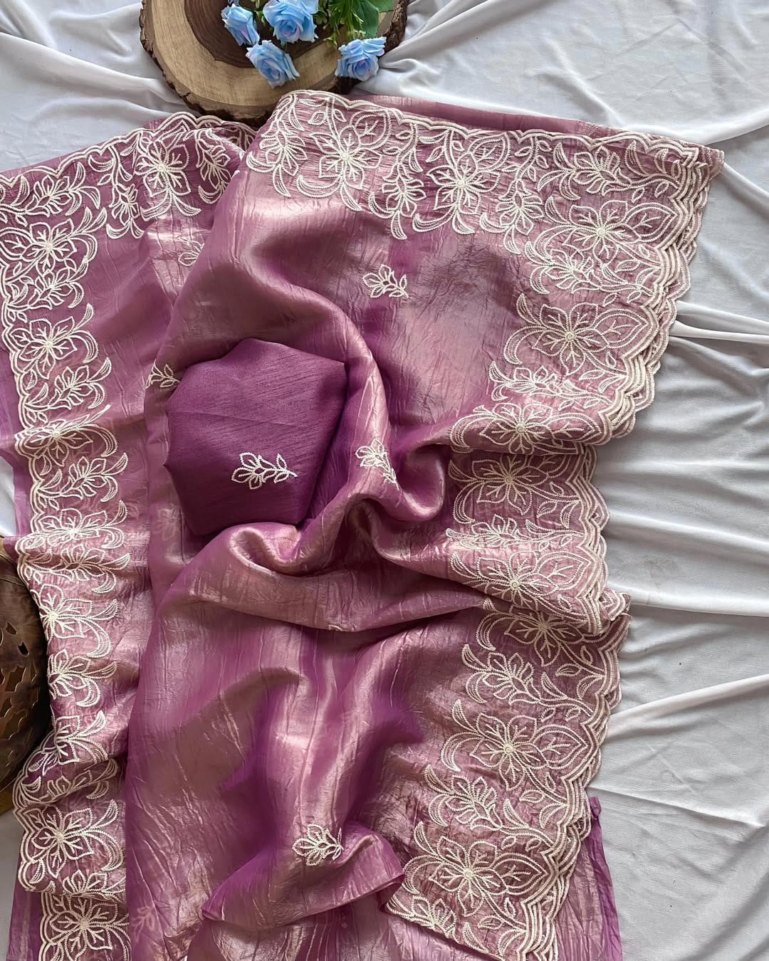 elegant mauve organza saree with white floral embroidery & blouse piece