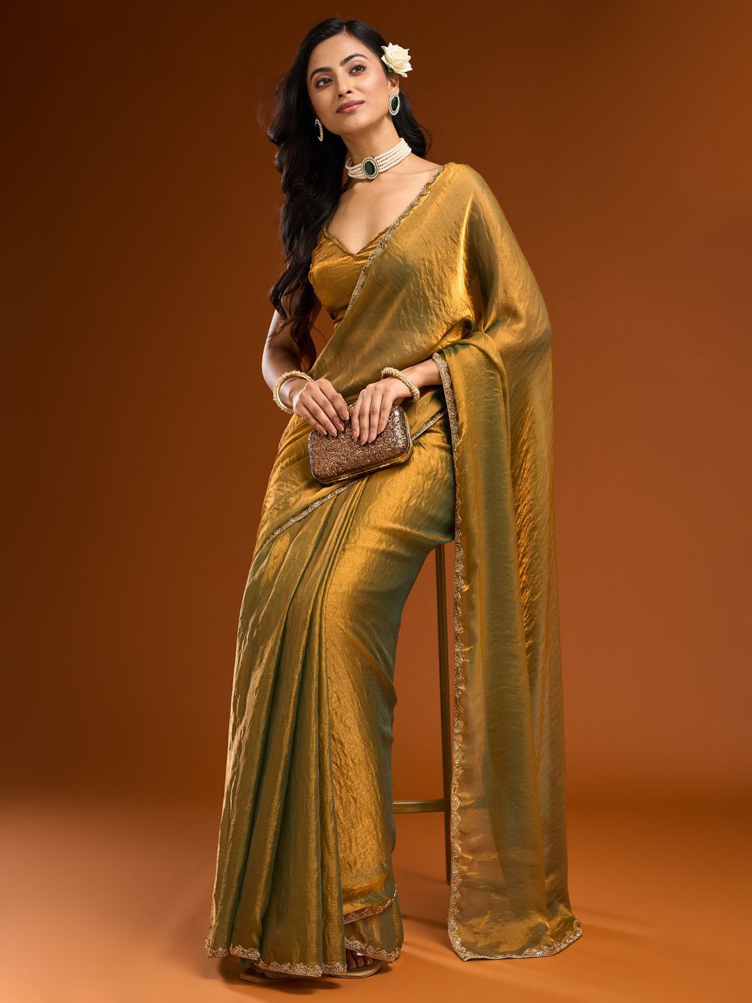 golden mustard satin silk saree, modern party wear, elegant cocktail look, minimalist festive draping style