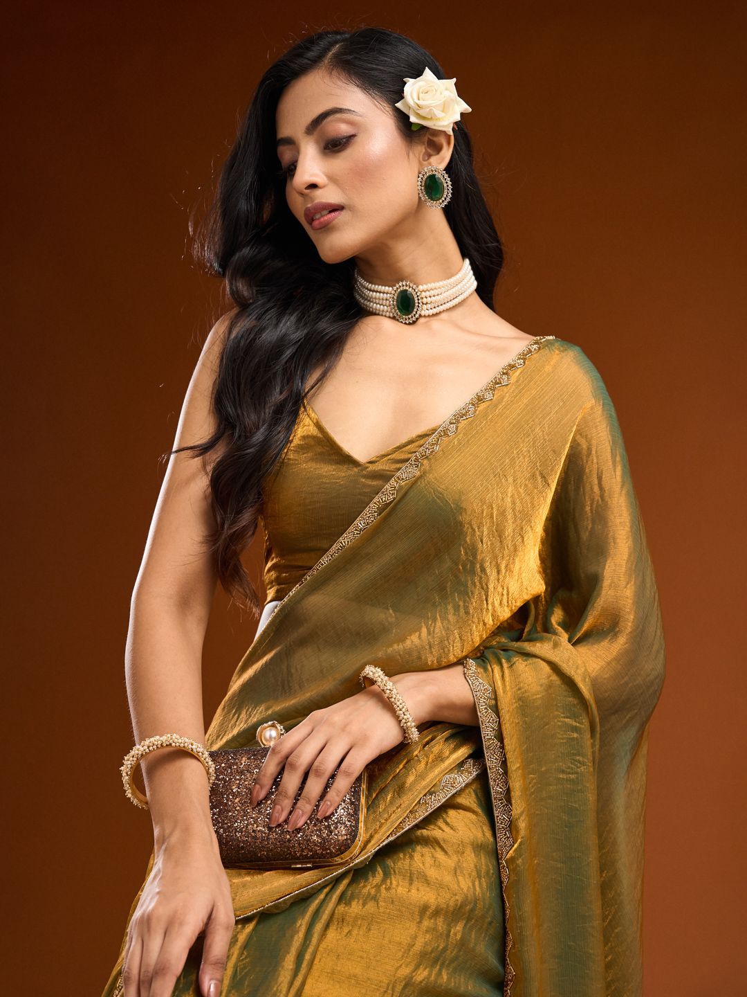 golden mustard satin silk saree, modern party wear, elegant cocktail look, minimalist festive draping style