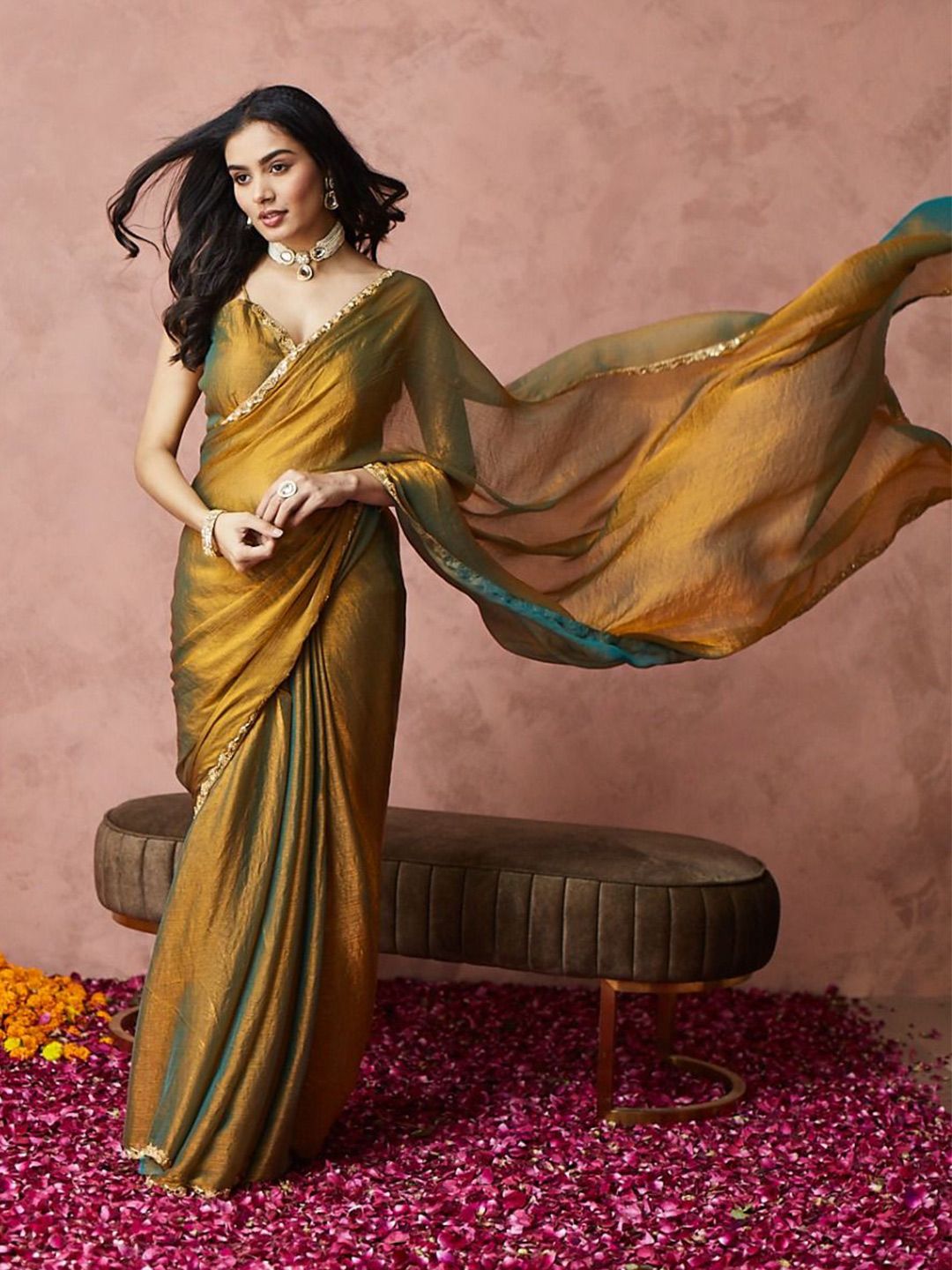 golden mustard satin silk saree, modern party wear, elegant cocktail look, minimalist festive draping style