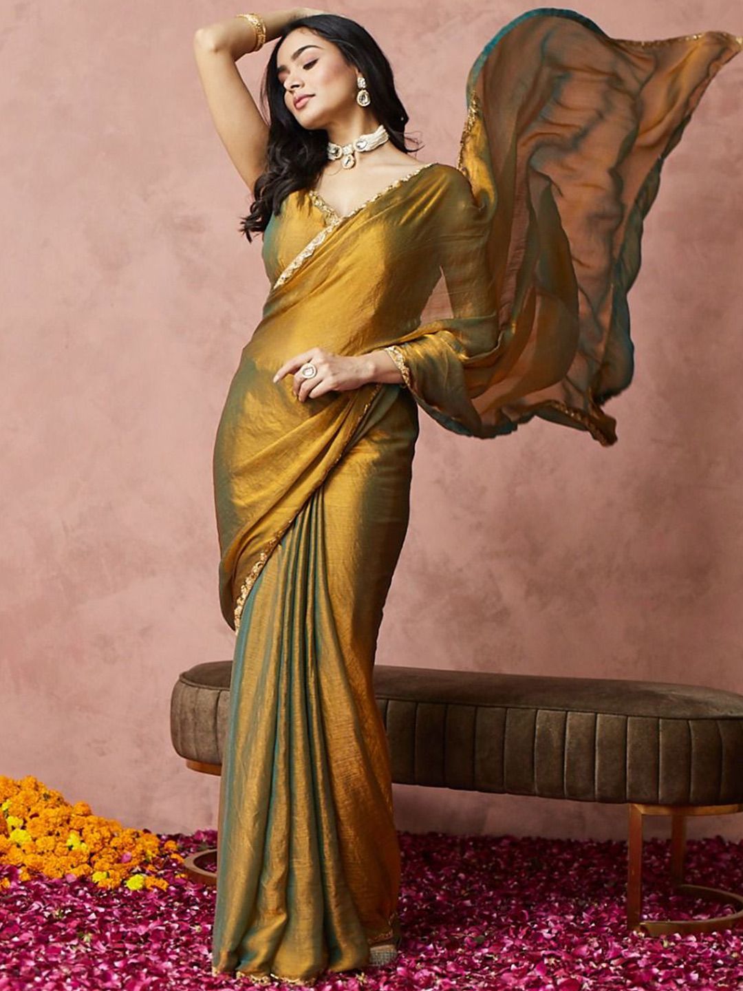 golden mustard satin silk saree, modern party wear, elegant cocktail look, minimalist festive draping style