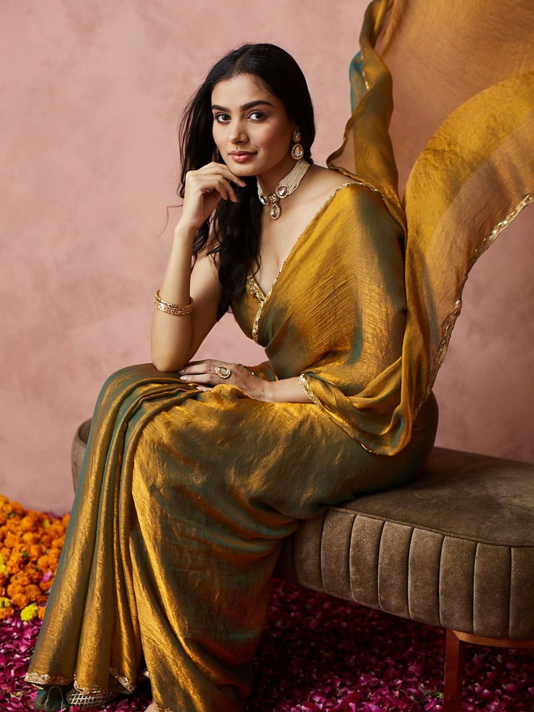 golden mustard satin silk saree, modern party wear, elegant cocktail look, minimalist festive draping style