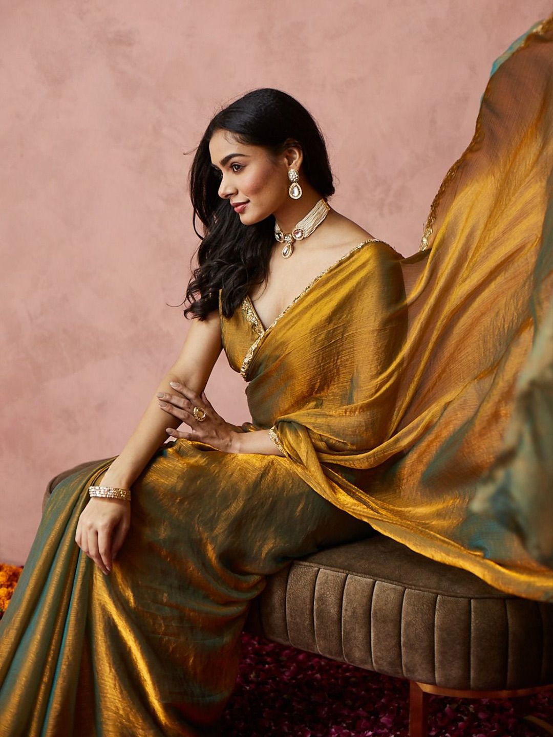 golden mustard satin silk saree, modern party wear, elegant cocktail look, minimalist festive draping style