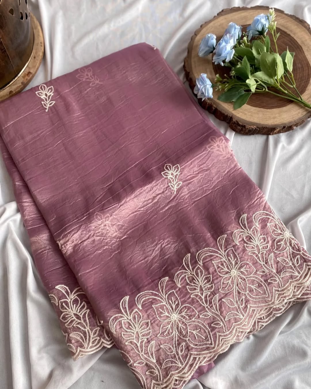 elegant mauve organza saree with white floral embroidery & blouse piece