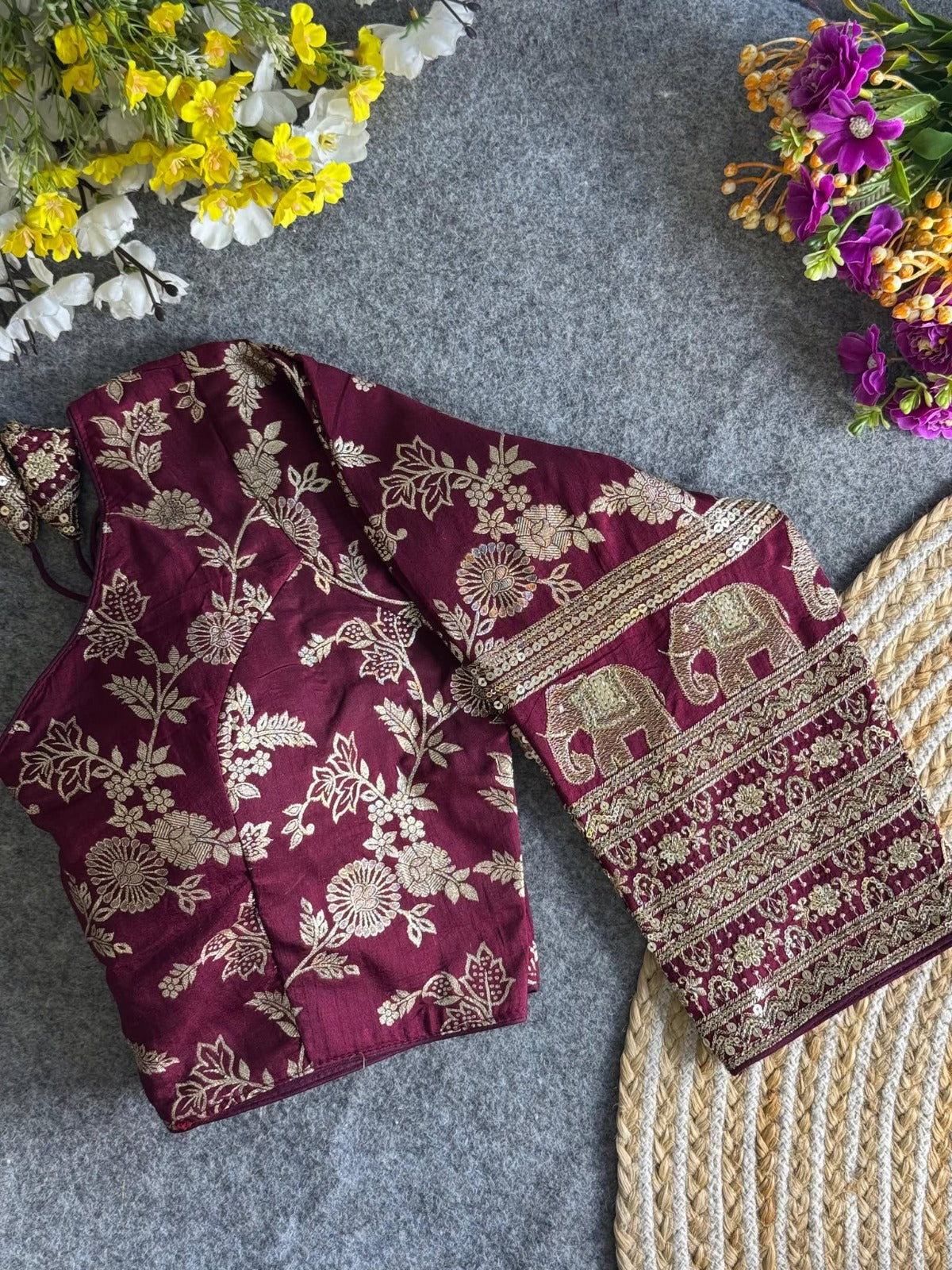 heavy pure dola silk full sleeves elephant design blouse