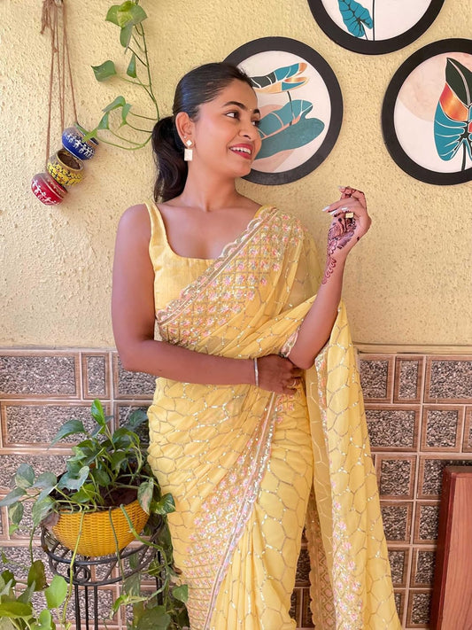 Sunshine Yellow Georgette Saree, Festive Ready Look with Elegant Sequin Embroidery, Perfect for Haldi & Day Events
