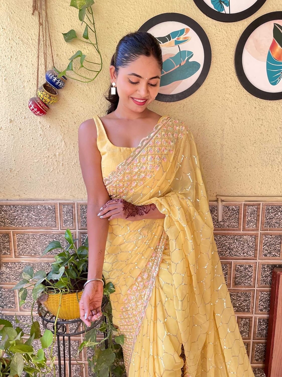 sunshine yellow georgette saree, festive ready look with elegant sequin embroidery, perfect for haldi & day events