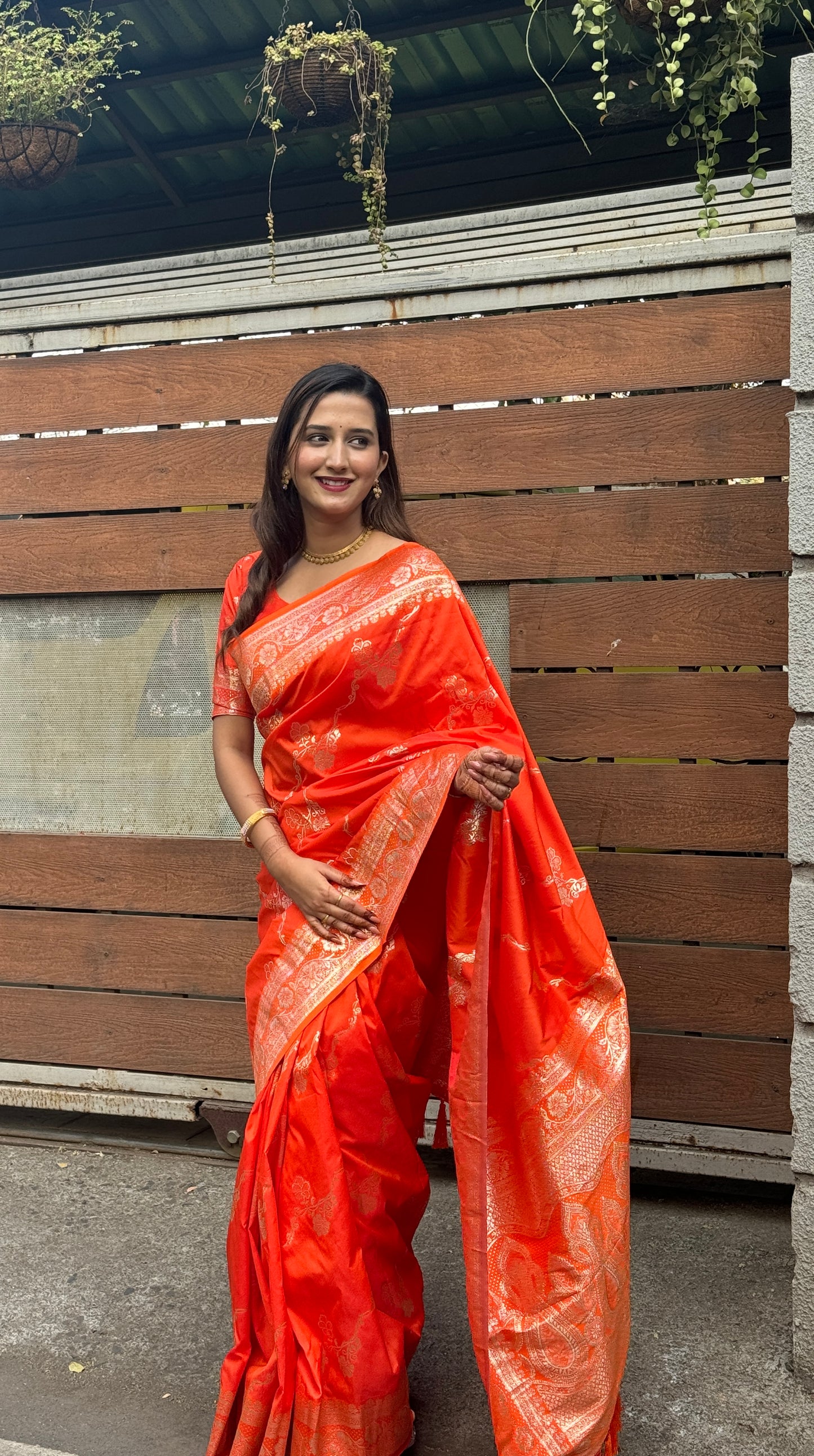 orange banarasi jaal soft silk zari woven saree
