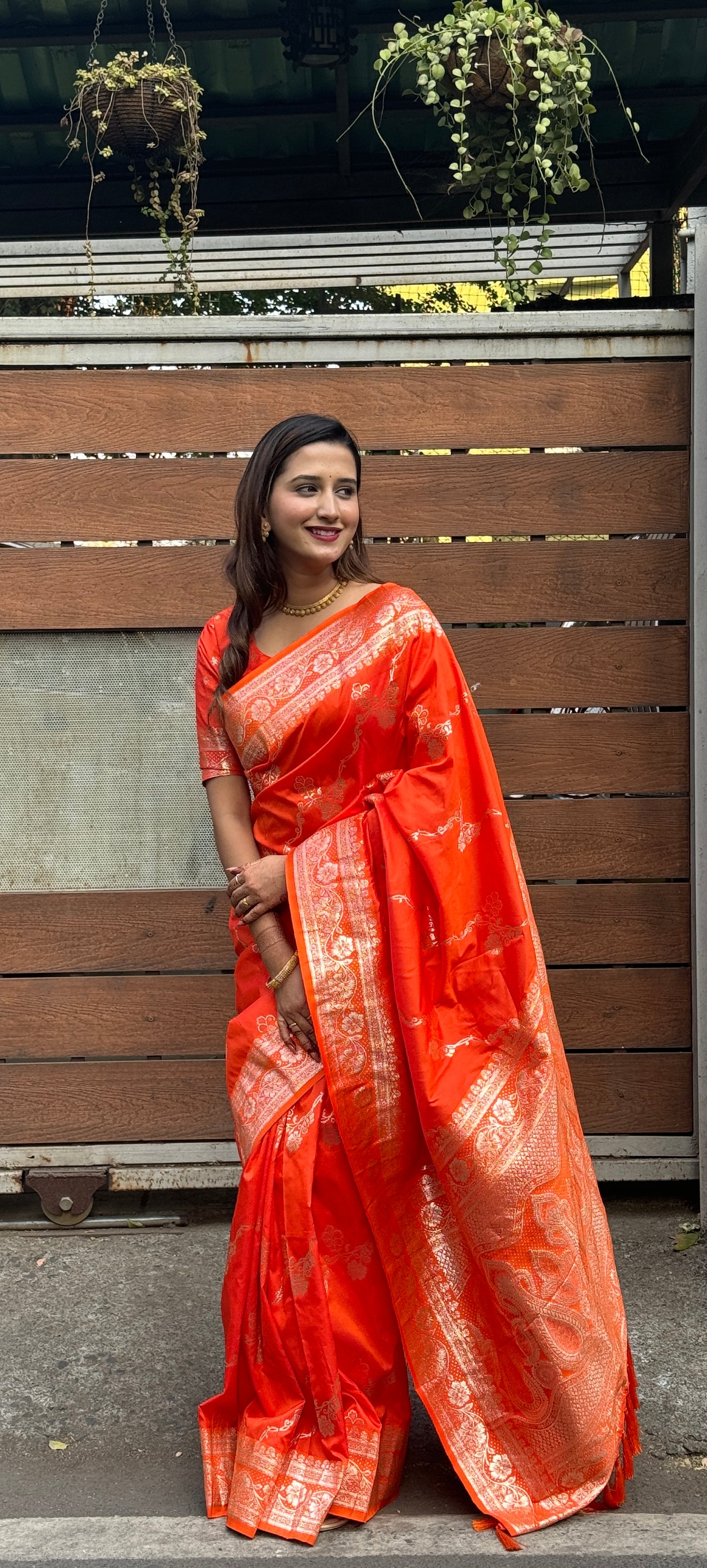 orange banarasi jaal soft silk zari woven saree