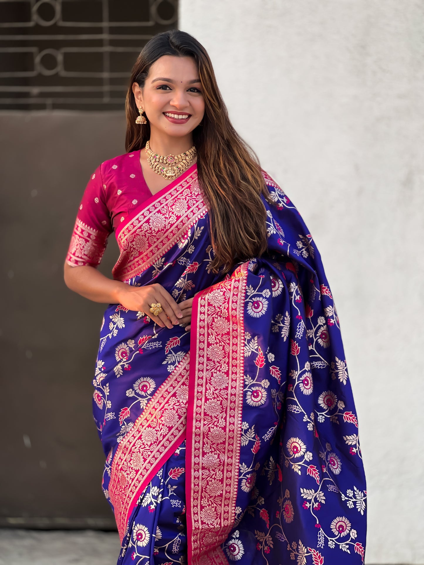 violet banarasi contrast jaal soft silk zari woven saree