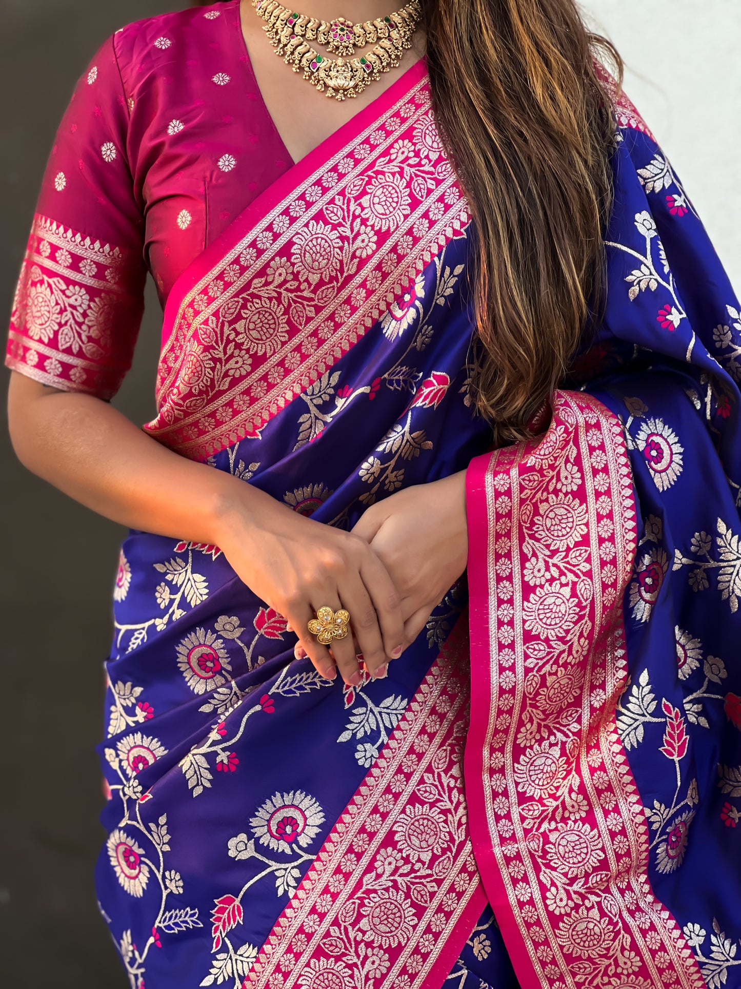 violet banarasi contrast jaal soft silk zari woven saree