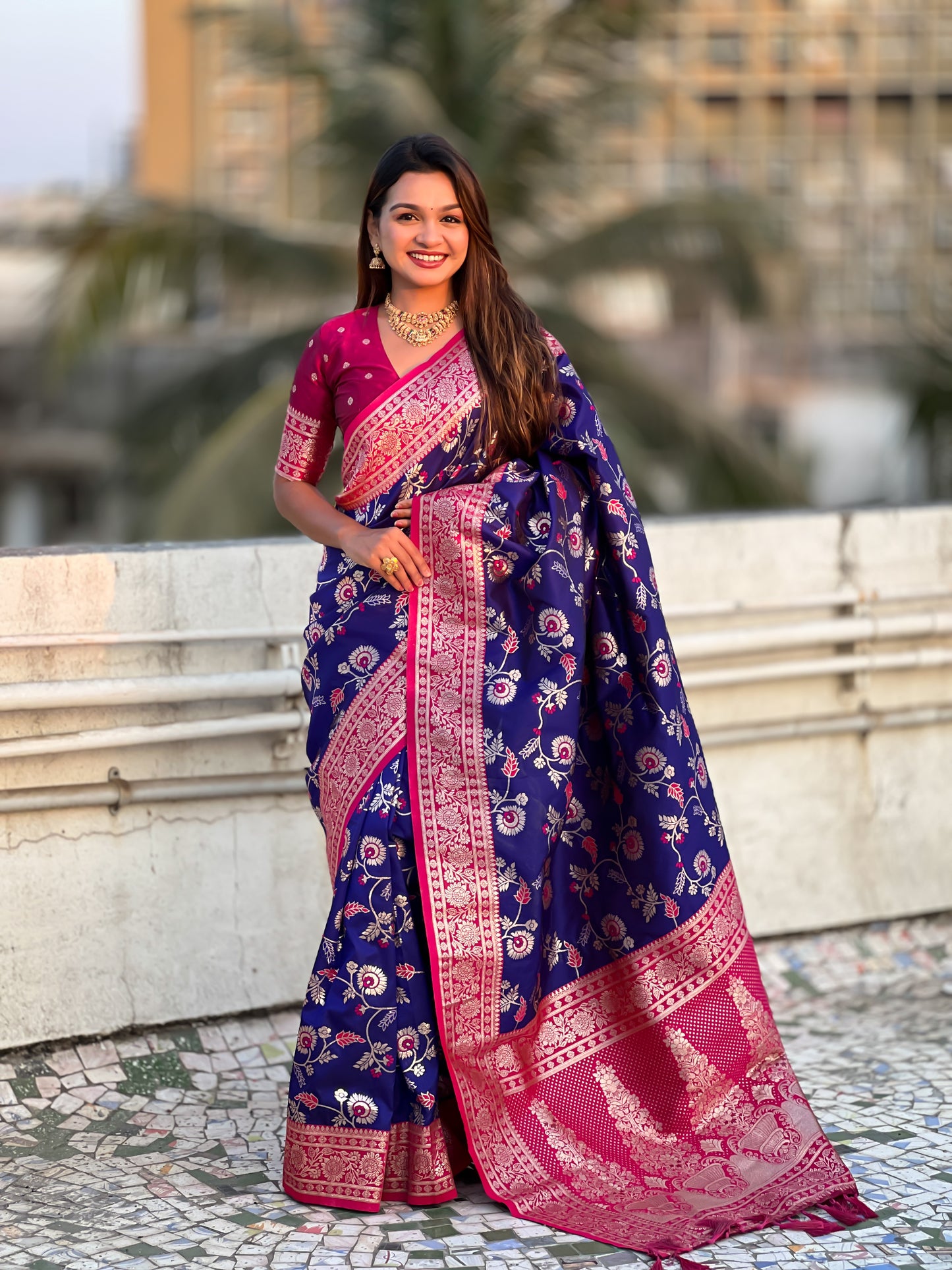 violet banarasi contrast jaal soft silk zari woven saree
