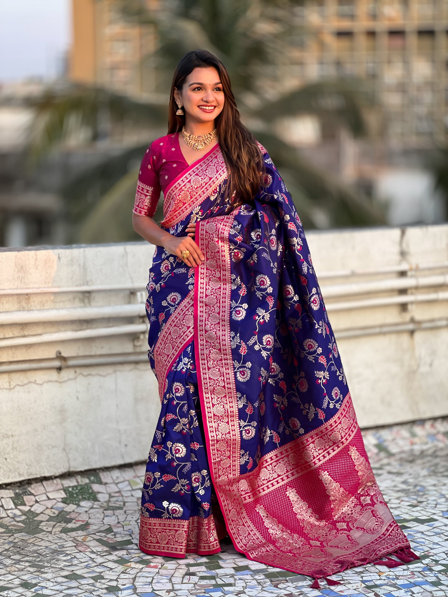 violet banarasi contrast jaal soft silk zari woven saree