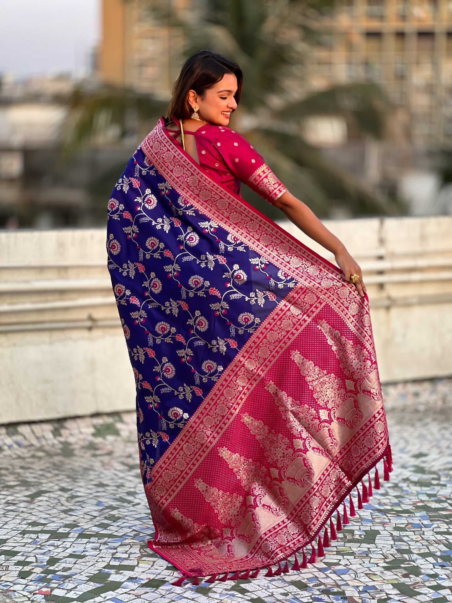 violet banarasi contrast jaal soft silk zari woven saree