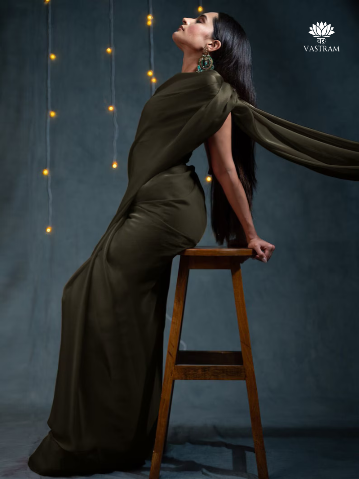 premium brown satin saree, luxurious drape, indian wedding and party silk saree, saree with blouse, ready to wear sari usa, designer saree