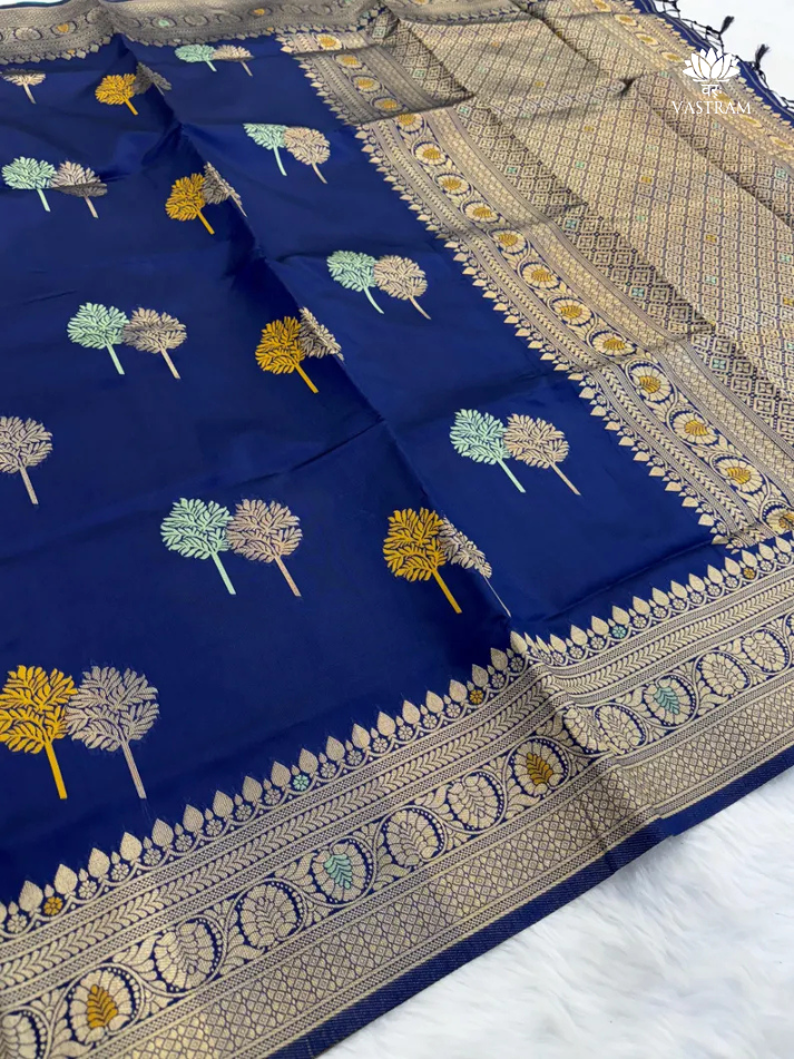 royal navy blue banarasi silk saree with antique gold zari – traditional indian wedding and festive wear