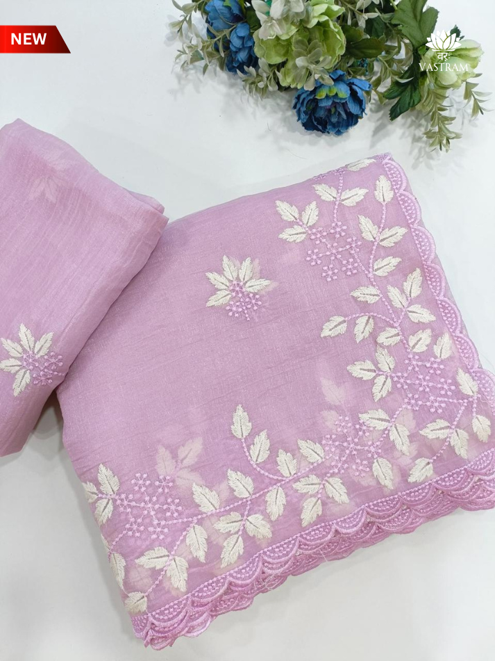 lavender soft organza saree with white leaf embroidery elegant scallop border saree for festive & party wear | unstitched blouse