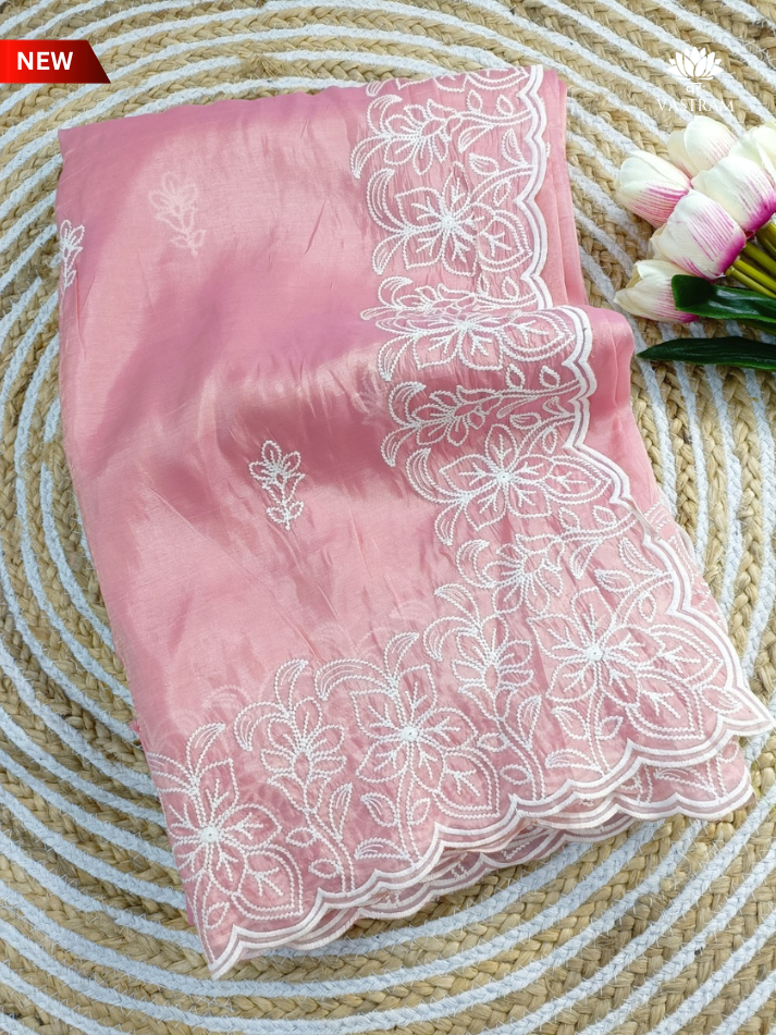 blush pink soft silk saree with white floral thread embroidery elegant lightweight saree for festive & wedding wear – unstitched blouse