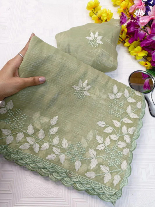 Mint Organza Look Saree with White Floral Embroidery, Elegant Lightweight Drape for Festive & Casual Wear
