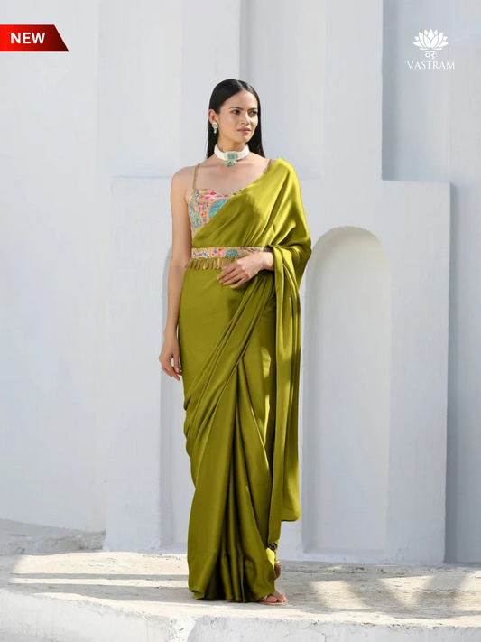 Lime Satin Silk Saree with Gold Pendants, Perfect for Weddings, Festivals and Parties, Comfortable, Versatile, Ready Wear sari USA