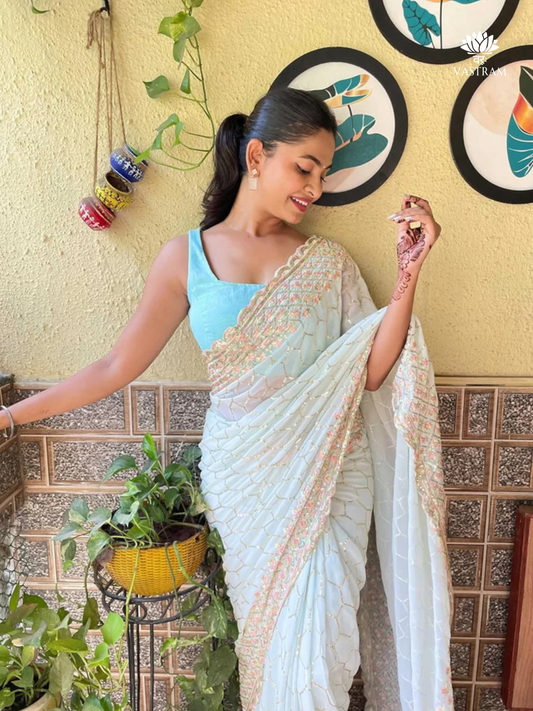 Pastel Mint Net Saree with Sequin Embroidery & Floral Border – Party & Festive Wear