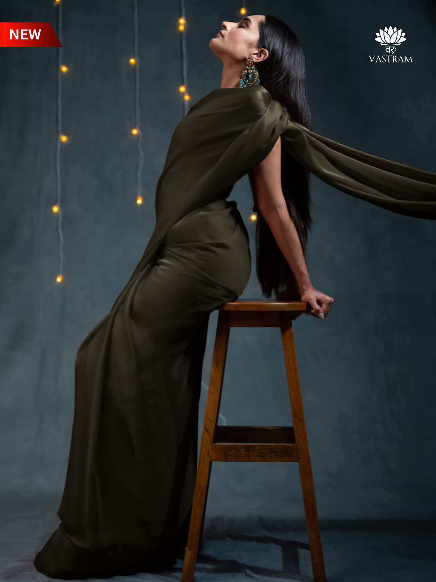premium brown satin saree, luxurious drape, indian wedding and party silk saree, saree with blouse, ready to wear sari usa, designer saree