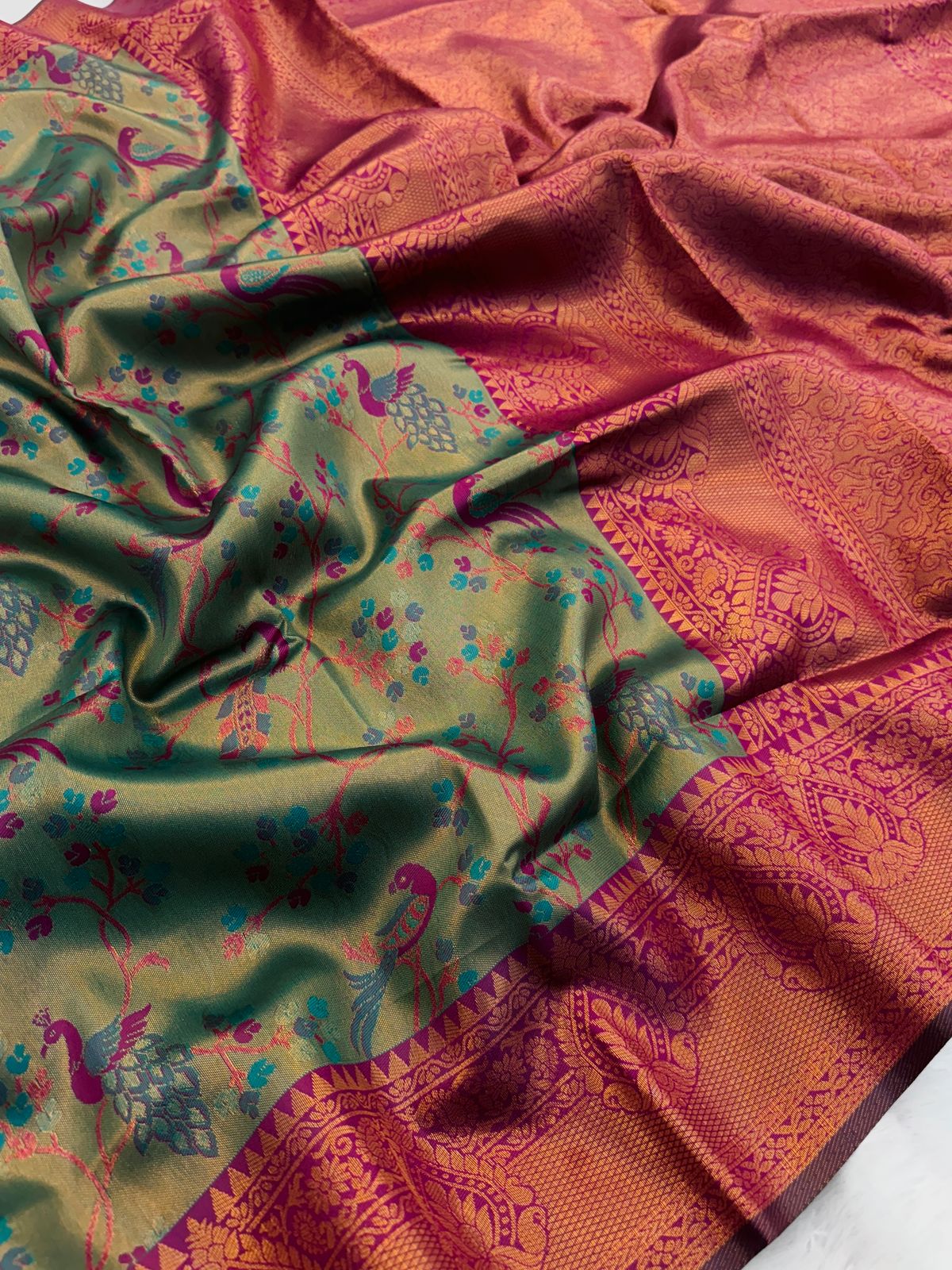 elegant green & maroon kanjivaram silk saree with multicolor meenakari weaving | bridal saree | indian wedding saree | traditional saree |