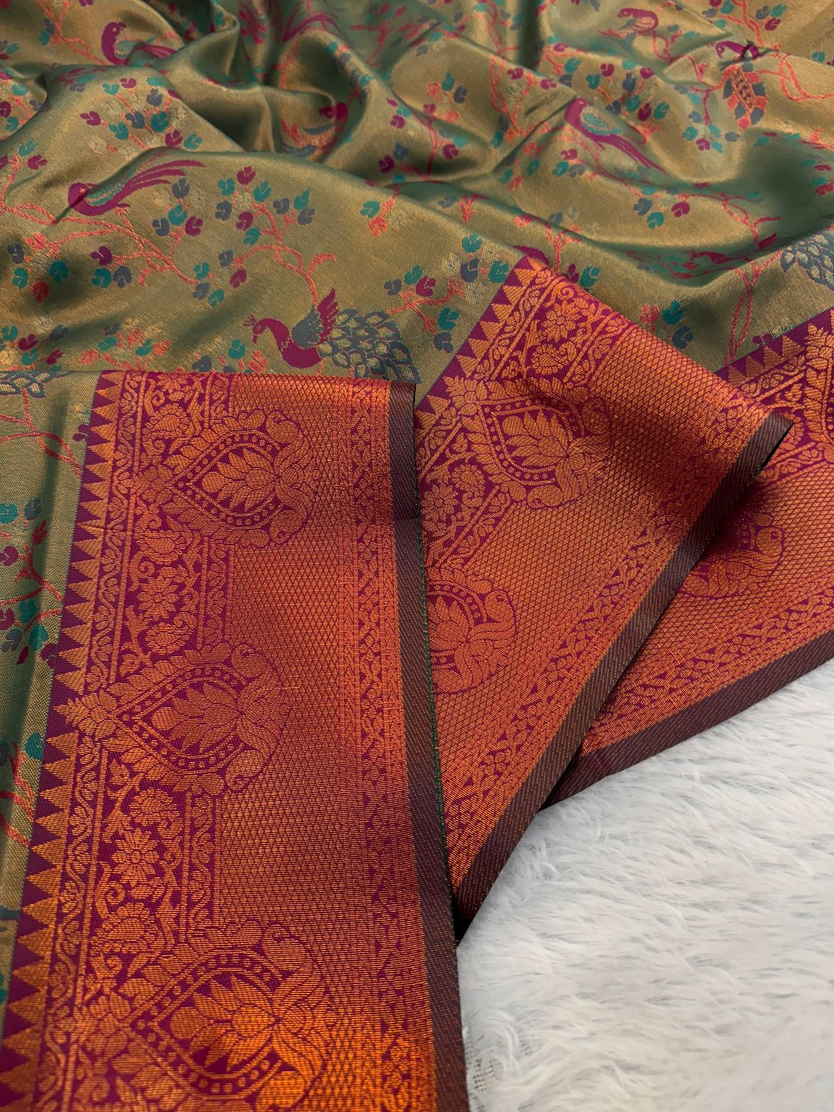 elegant green & maroon kanjivaram silk saree with multicolor meenakari weaving | bridal saree | indian wedding saree | traditional saree |