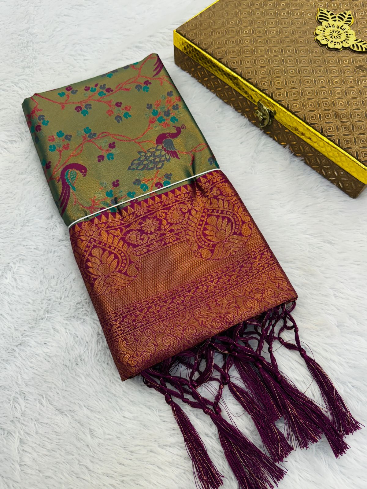 elegant green & maroon kanjivaram silk saree with multicolor meenakari weaving | bridal saree | indian wedding saree | traditional saree |