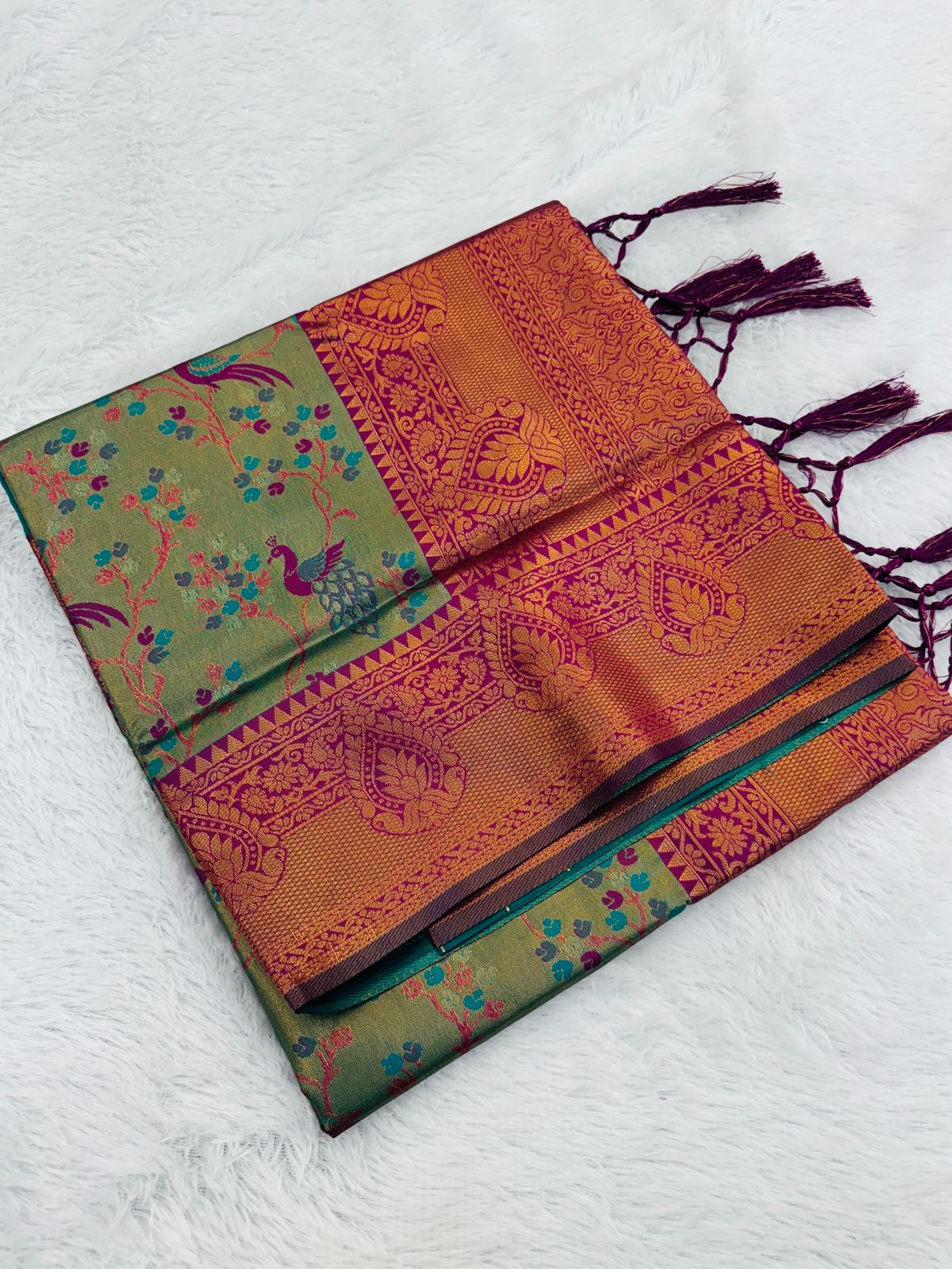 elegant green & maroon kanjivaram silk saree with multicolor meenakari weaving | bridal saree | indian wedding saree | traditional saree |