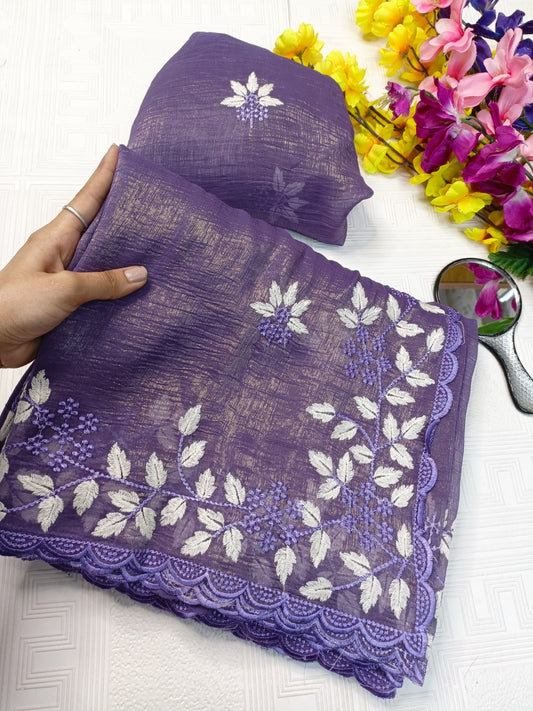 Purple Organza Look Saree with White Floral Embroidery, Elegant Lightweight Drape for Festive & Casual Wear