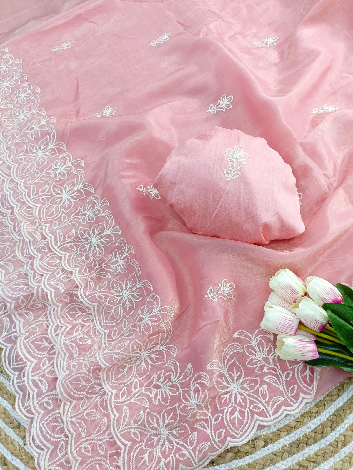 blush pink soft silk saree with white floral thread embroidery elegant lightweight saree for festive & wedding wear – unstitched blouse