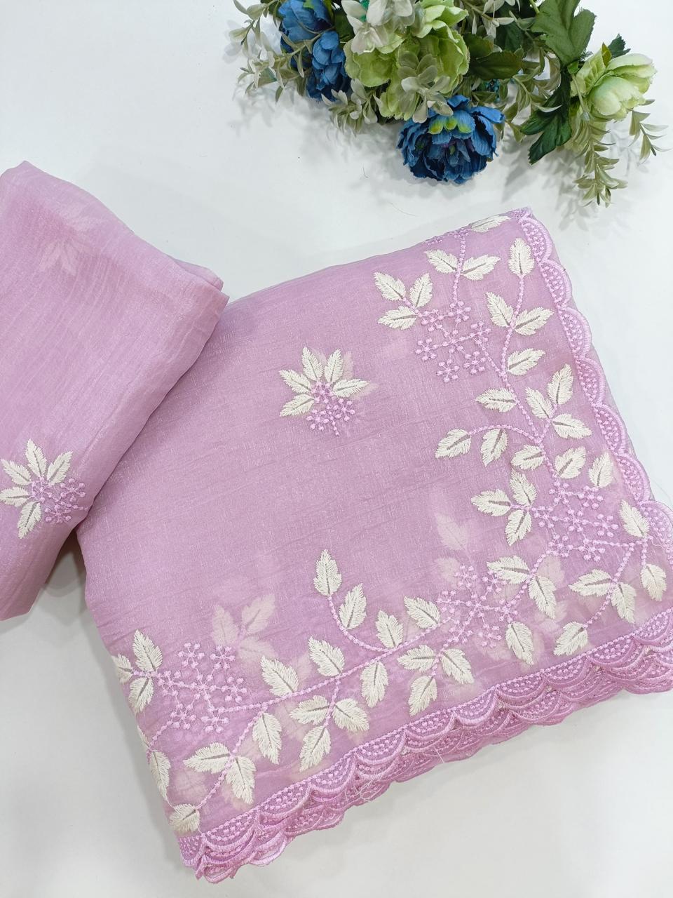 lavender soft organza saree with white leaf embroidery elegant scallop border saree for festive & party wear | unstitched blouse