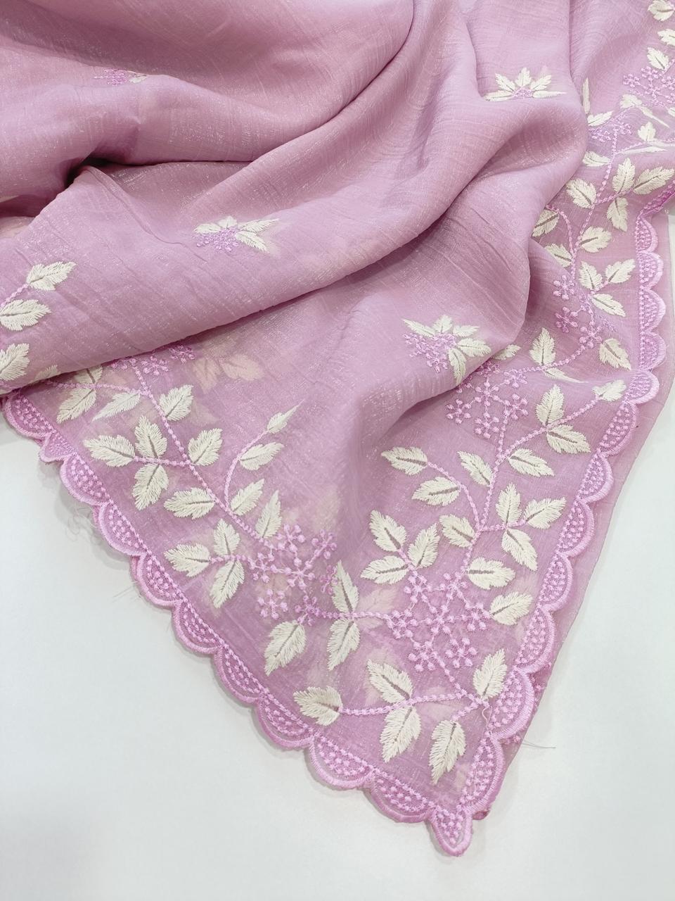 lavender soft organza saree with white leaf embroidery elegant scallop border saree for festive & party wear | unstitched blouse