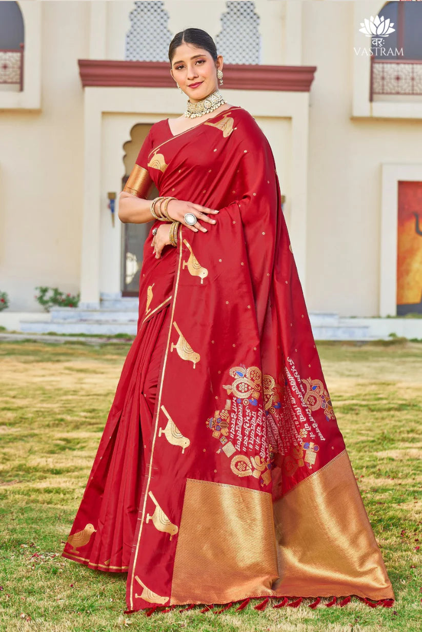chilly red malai silk saree with woven sanskrit mantra pallu, inspired by nita ambani’s iconic style