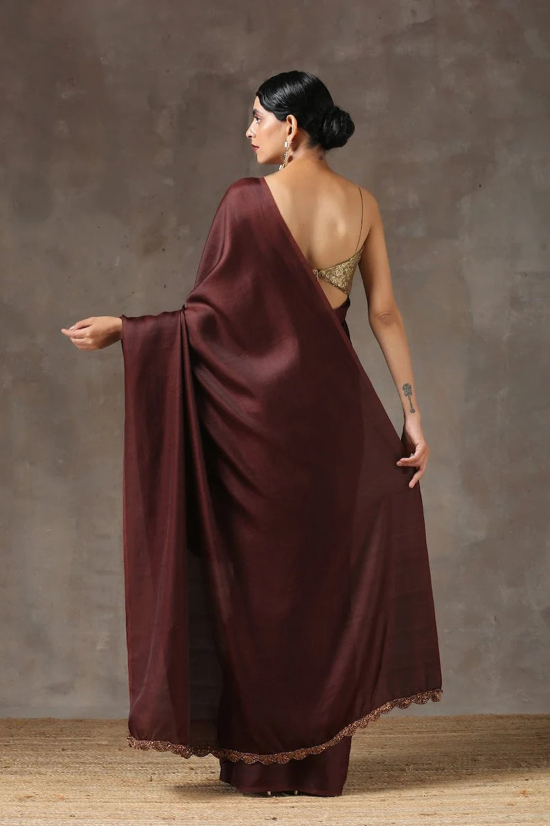 exotic chocolate satin silk saree for women in the usa for indian wedding | dark brown modern women sari