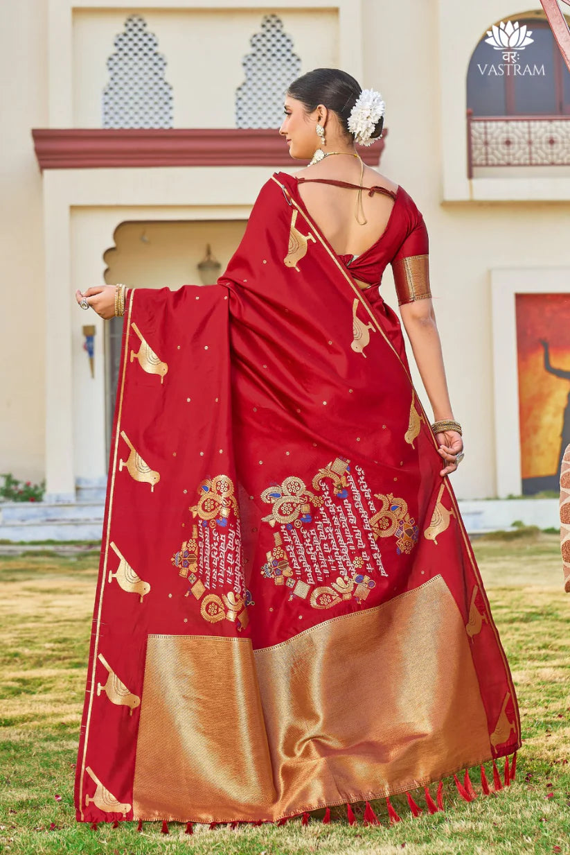 chilly red malai silk saree with woven sanskrit mantra pallu, inspired by nita ambani’s iconic style