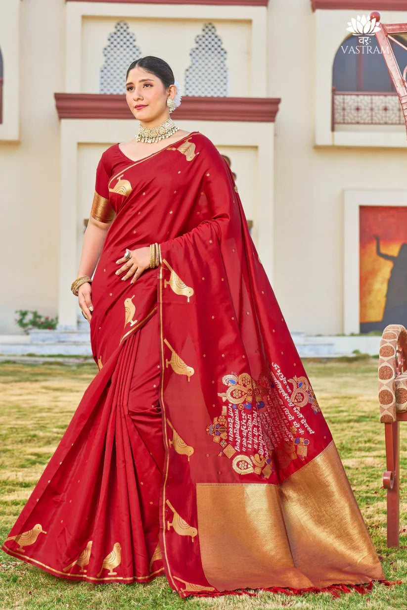 chilly red malai silk saree with woven sanskrit mantra pallu, inspired by nita ambani’s iconic style