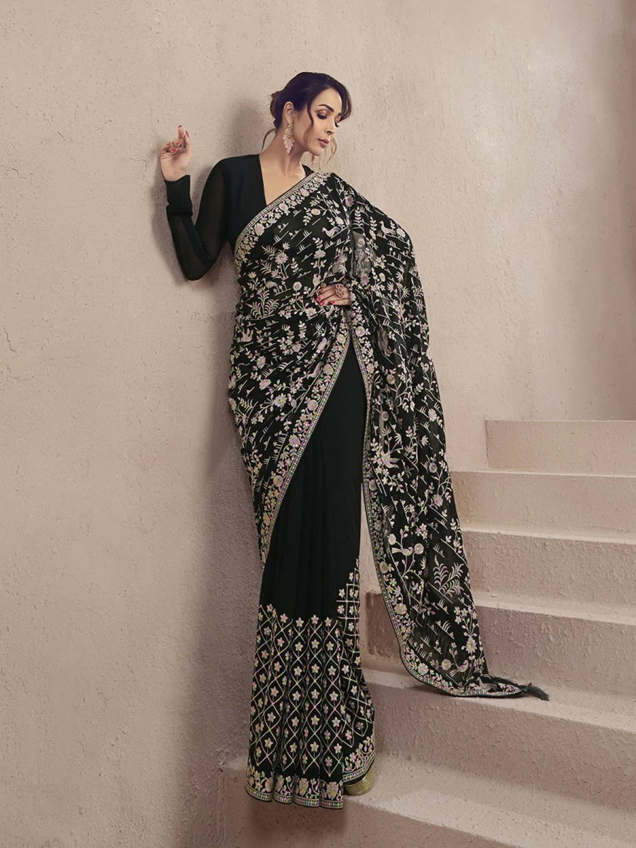 black designer georgette saree with intricate thread & mirror work, premium party & reception wear drape