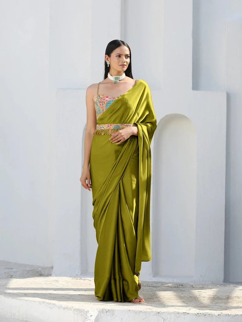 lime satin silk saree with gold pendants, perfect for weddings, festivals and parties, comfortable, versatile, ready wear sari usa